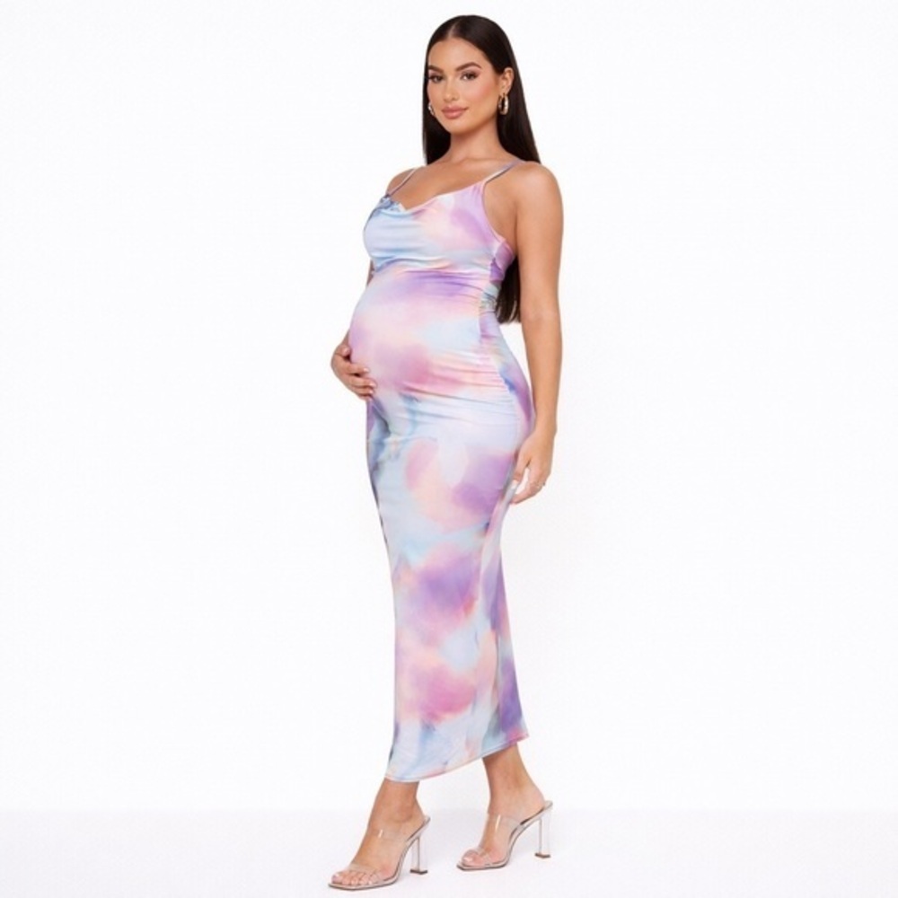 Pretty Little Thing MATERNITY PURPLE WATERCOLOUR PRINT COWL MAXI DRESS Sz US 8